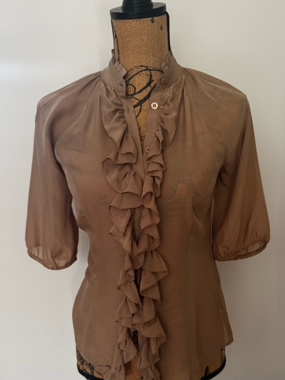 Guess by Marciano Taupe Ruffle Front Blouse